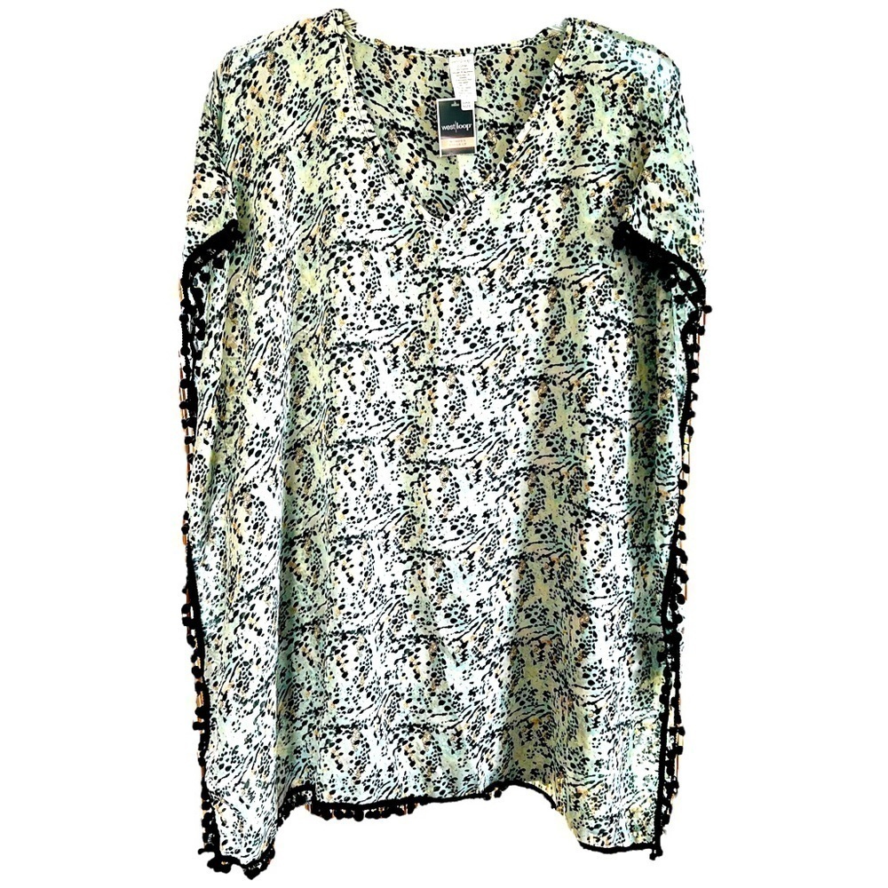 West Loop Animal Print Kimono Cover Up Boho Pom Pom Trim V Neck Sheer NWT OSFM